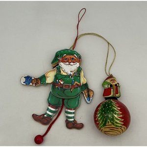 2 Wooden Santa And Elf Christmas Ornaments Pull String Christmas Tree